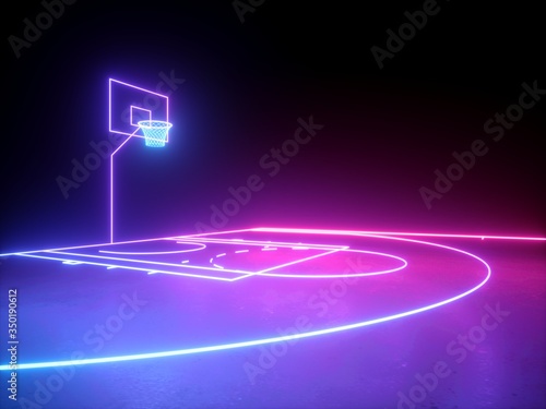 3d render, neon basketball field scheme angle side view, virtual sport playground, sportive game, pink violet blue glowing line. Isolated on black background. © NeoLeo