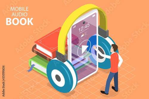 3D Isometric Flat Vector Concept of Mobile Audio Book, Online Education, Literature Listening.