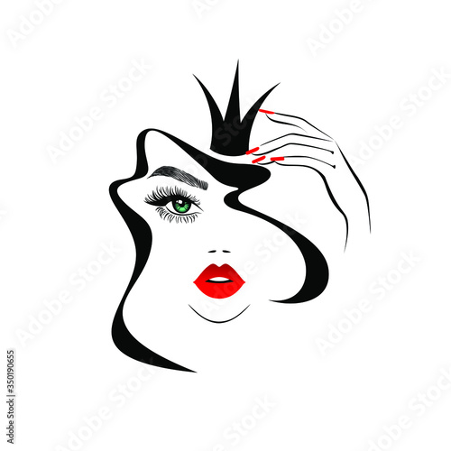 Beautiful woman face, red lips, black curly hair, black crown, hand with red manicure nails, hair salon sign, icon. Beauty Logo. Vector illustration