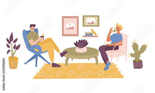 Two friends, students, workers or colleagues sitting in the comfortable chair in office or at home, resting after a work or taking a break, reading and drinking coffee. Vector flat illustration.
