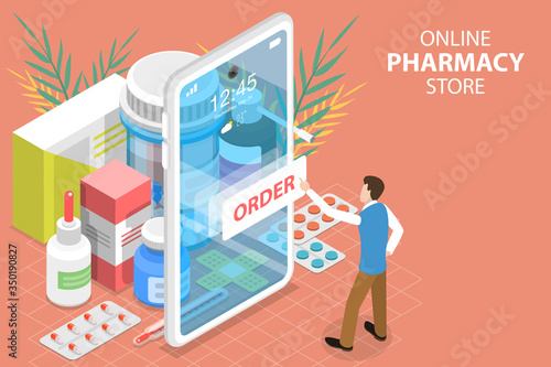 3D Isometric Flat Vector Concept of Online Pharmacy Store, Medicine Ordering Mobile App, Buy Medicaments and Drugs Online.