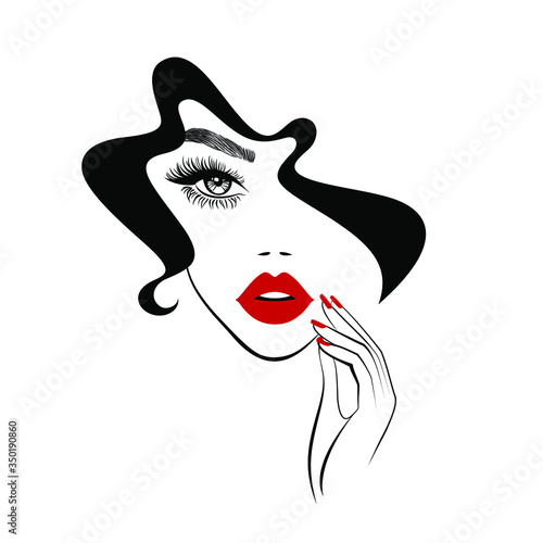 Beautiful woman face with red lips, lush eyelashes, hand with red manicure nails, black hair, stylish hairstyle. Beauty Logo. Nail art studio. Wallpaper background. Vector illustration.