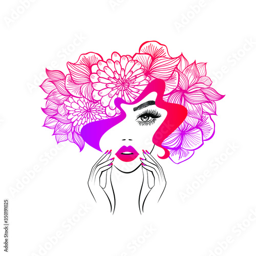 Beautiful woman face red lips, hand with red manicure nails. Beauty Logo. Vector illustration, diadem flowers, floral motive, abstract flowers, spa salon, sign, symbol, nails studio.