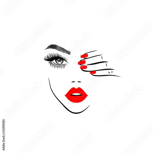Woman hand with red manicure nails closing one eye  eyelashes mascara  perfect shape brows  logo beauty salon  hand drawn style  vector illustration.