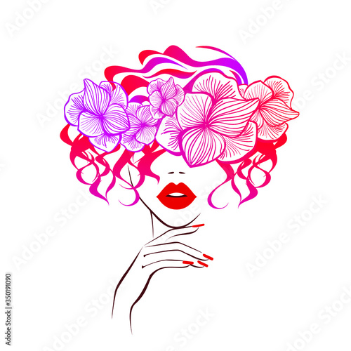 Beautiful woman face red lips, hand with red manicure nails. Beauty Logo. Vector illustration, diadem flowers, floral motive, abstract flowers, spa salon, sign, symbol, nails studio.