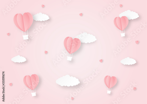 hearts shaped balloons flying paper art style background. vector Illustration.