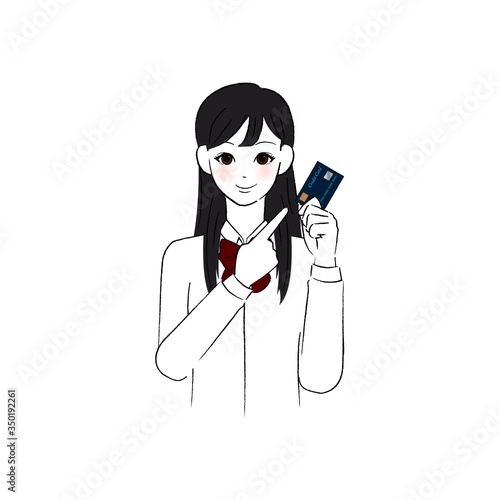 キャッシュカードを指差す女子学生