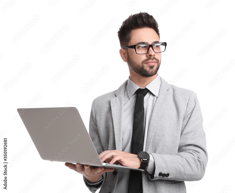 Young businessman with laptop on white background Young businessman with laptop on white background