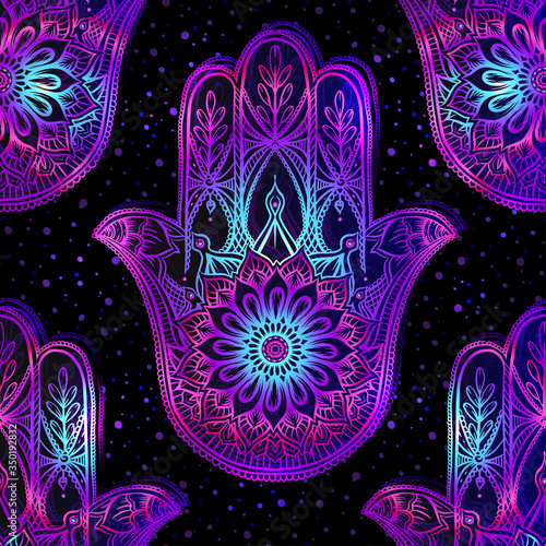 Seamless pattern with ornate hand drawn hamsa. Popular Arabic and Jewish amulet. Vector illustration. Vector illustration in neon, fluorescent colors.