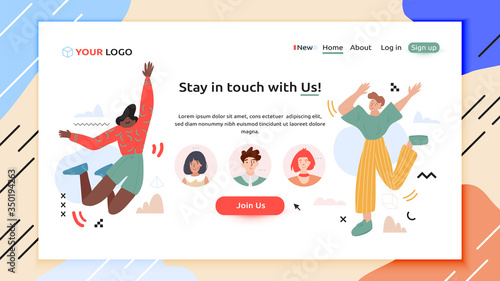 Perfect banner for your web store or shop where you want to stay in touch with your customers. Man and woman happily jumping around three icons with people’s avatars. Vector cartoon flat illustration