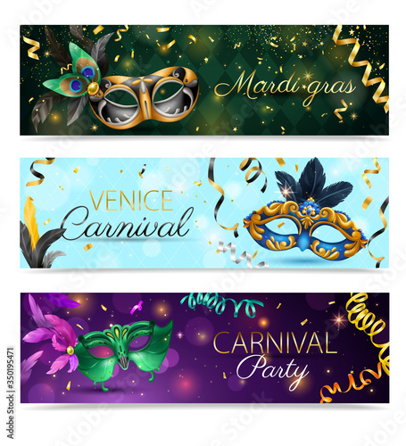Realistic Carnival Mask Horizontal Banner Set