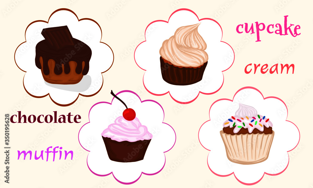 set of muffin cupcakes with chocolate icing cream cherry sweets dessert confectionery delicacy vector postcard illustration banner holiday element baking set of muffin cupcakes with chocolate icing cream cherry sweets dessert confectionery delicacy vector postcard illustration banner holiday element baking