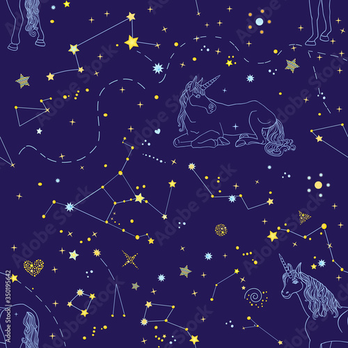 Beautiful endless texture with cosmic elements and contour blue unicorns on the blue background. Vector illustration