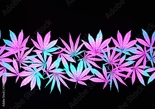 Cannabis leaves seamless pattern, background. Vector illustration in neon, fluorescent colors. Isolated on black background.