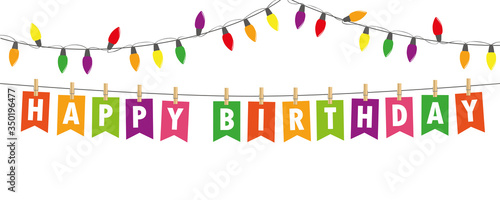 Canvas Print happy birthday party flags banner with fairy lights on white background vector i