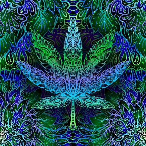 Cannabis leaves seamless pattern, background. Vector illustration in neon, fluorescent colors