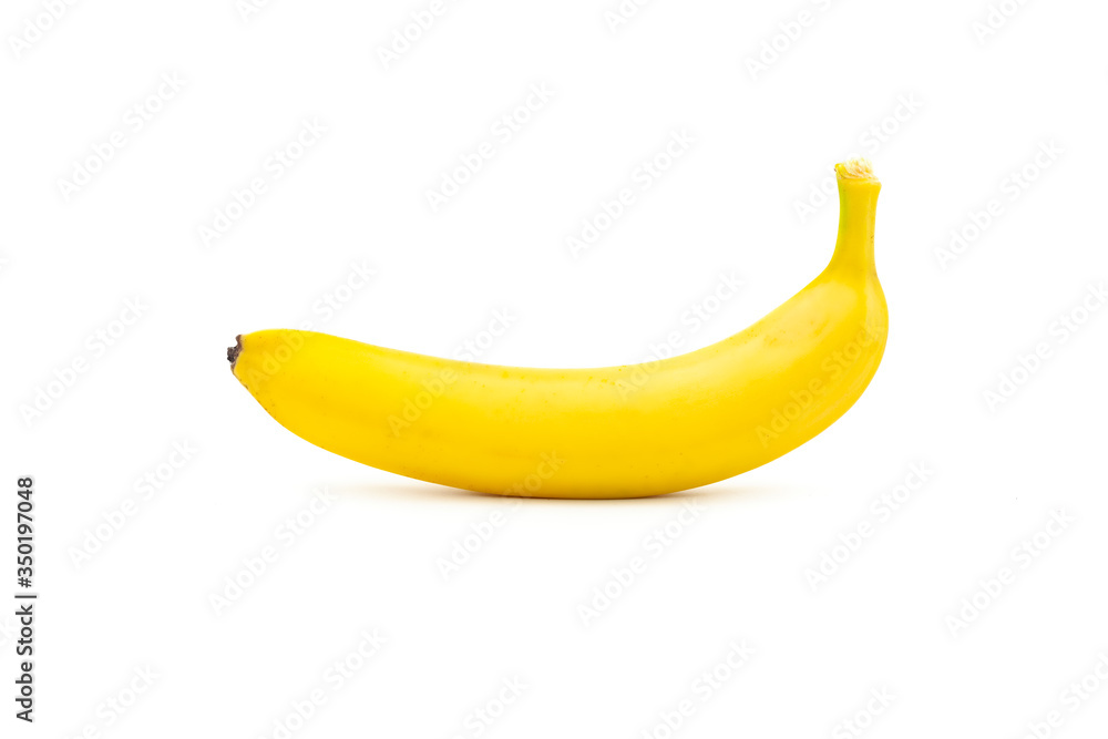 Single banana isolated. One yellow natural tasty banana on a white background.