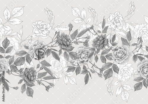 Seamless pattern with roses flowers. Vector illustration in monochrome gray colors