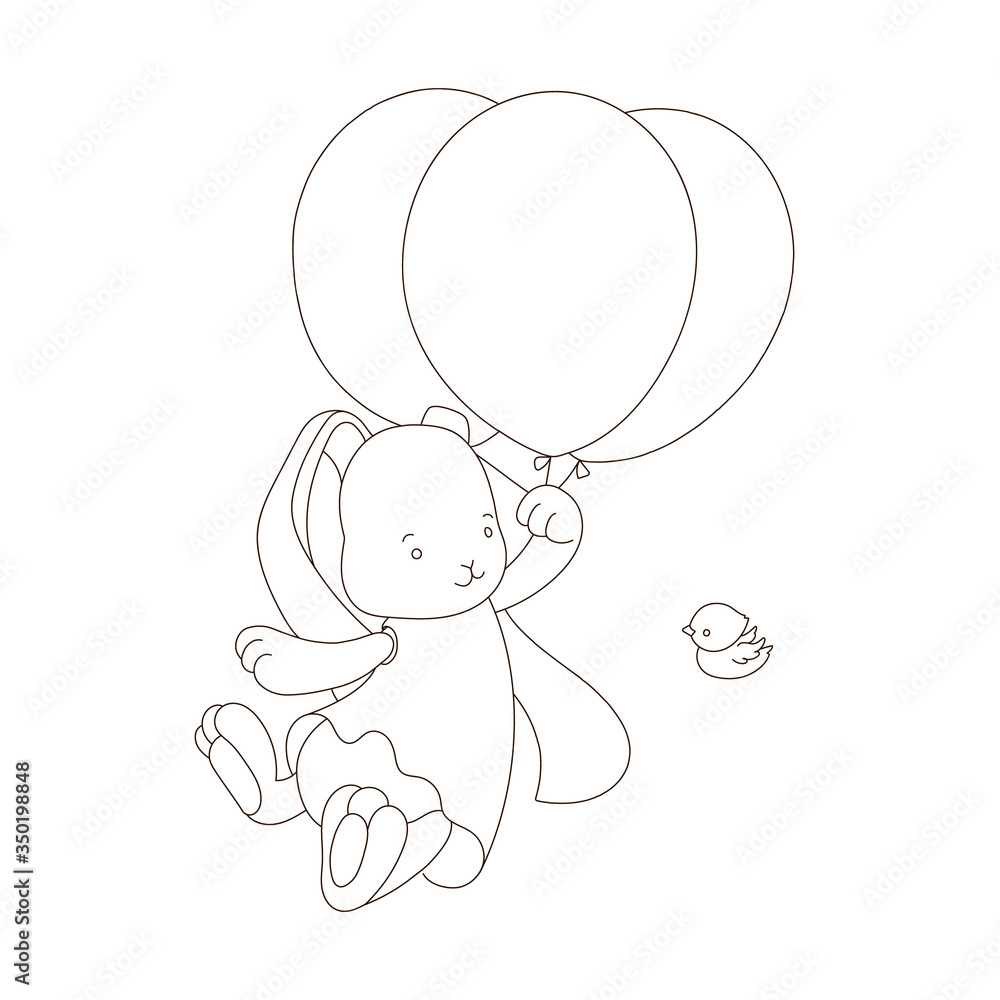 Children's coloring book with cartoon animals. Educational tasks for preschool children cute rabbit on the air balloon and the bird that flies next to him. Linear drawing for kids Children's coloring book with cartoon animals. Educational tasks for preschool children cute rabbit on the air balloon and the bird that flies next to him. Linear drawing for kids