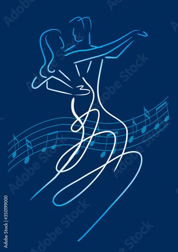 



Balroom Dancers Couple with musical notes. 
Line art stylized illustration of couple dancing ballroom dance on blue background. Vector available.