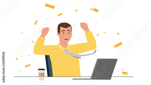 Winner man rejoices in the workplace.
