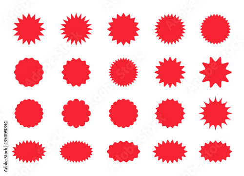 Set of star burst stickers. Vector starburst price tag icon. Set badge shape. Sale promo pricetags. Red badges isolated on white background. Round sun splash in simple design. Wave vignette.