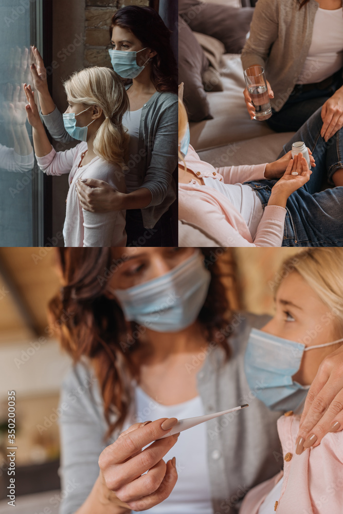 Collage of mother and daughter in medical masks standing near window, holding thermometer and pills at home