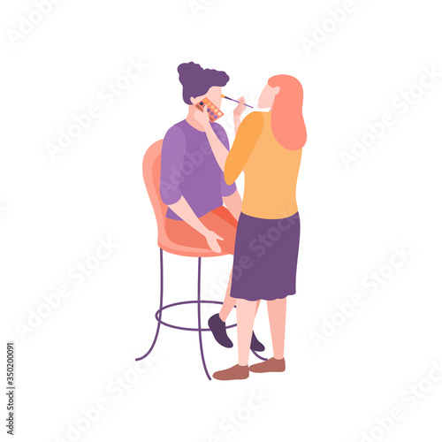 Fashion girl sitting on chair and stylist doing glamour makeup. Professional fashion visagiste making makeup for client. Young woman using different cosmetic products. Flat style vector illustration