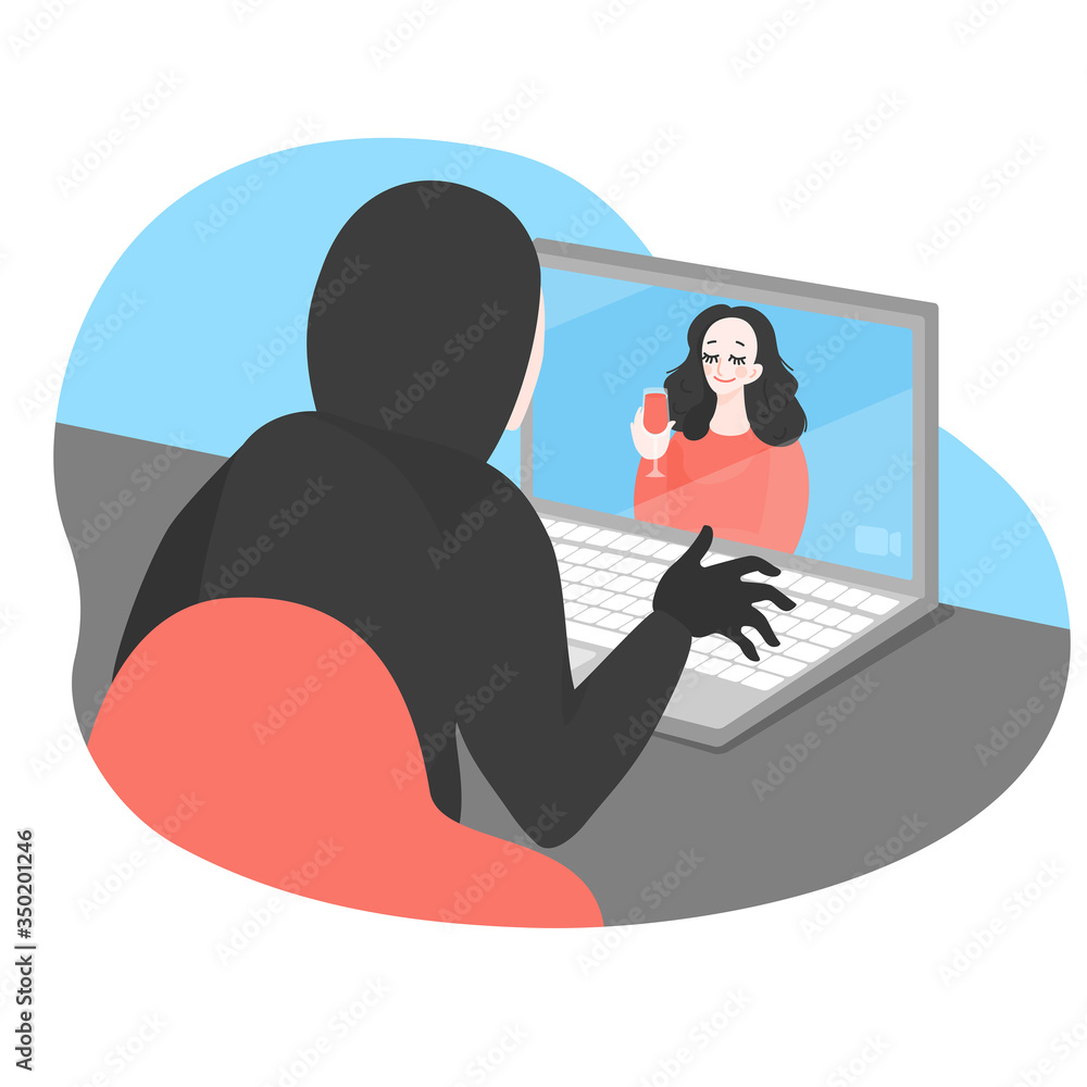 Online date with fraud, virtual crime. Silhouette of Cartoon cyber thief stealing private data from laptop. Online protection from hacker and spy