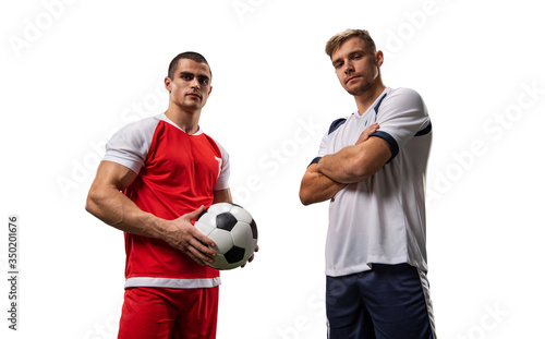 Two football players of different teams isolated on white. They wear sportswear without a brand. Stadium and crowd made in 3D.