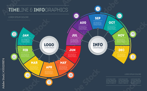 Timeline, Business Infographic concept with 12 months, parts, steps or technology processes. Template for presentation with icons. Transformation plan for the year. photo