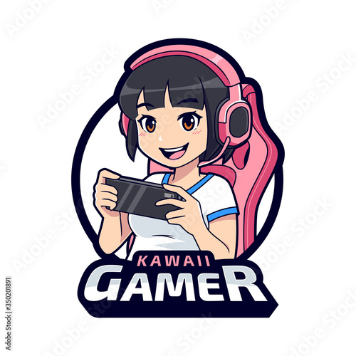 Cute gamer character mascot logo, Gamer girl esport logo template