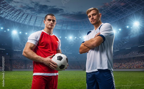 Two football players of different teams. They wear sportswear without a brand. Stadium and crowd made in 3D.