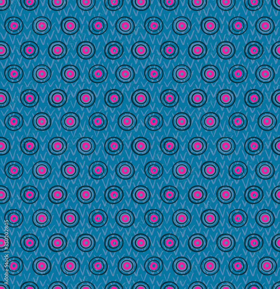 Colored circles seamless paattern. Hand made multicolored round shapes on violet background. Simple pattern for textile, wrapper. Vector illustration
