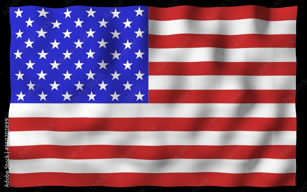 Naklejka premium Waving flag of the United States of America on a dark background. Stars and Stripes. State symbol of the USA. 3D illustration