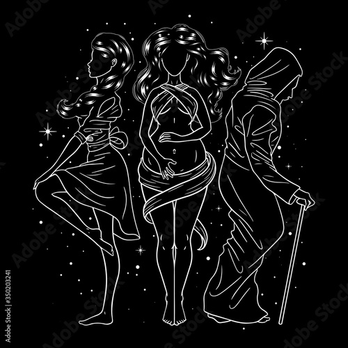 Three women figures, symbol of Triple goddess as Maiden, Mother and Crone, moon phases. Hekate, mythology, wicca, witchcraft. Vector illustration