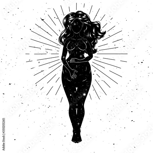 Beautiful pregnant woman figure, mother goddess, esoteric theme. Vector illustration