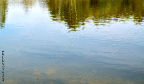 Lake. Water. Reflection of trees and the sky in the water is caused by sunlight. The crown of green trees. Ripples of water. Landscape. Cleanliness. Space. Texture. Nature. Background. Copy space