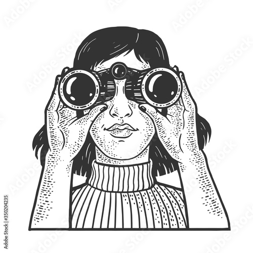 girl looking through binoculars sketch engraving vector illustration. T-shirt apparel print design. Scratch board imitation. Black and white hand drawn image.