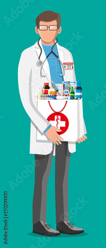 Modern male pharmacist with pharmacy bag. Medicine pills capsules bottles vitamins and tablets. Drugstore with medicines. Medical drug, healthcare. Flat vector illustration