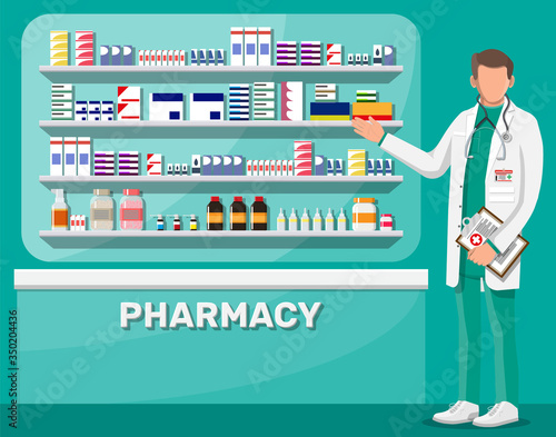 Modern interior of pharmacy and male pharmacist. Medicine pills capsules bottles vitamins and tablets. Drugstore showcase. Shelves with medicines. Medical drug, healthcare. Flar vector illustration