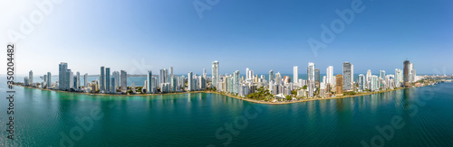 Aerial panoramic view of Castillogrande and Bocagrande prestigious beach district in Cartagena city.