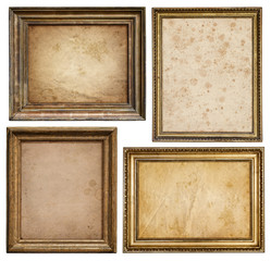 Collection of old wooden frames with canvas isolated on a white background. Artistic canvas and frames design element on the theme of art, creativity, painting, photography. 