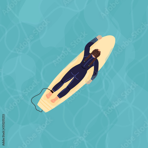 Top view of a surfer girl with pigtails who lies on a surfboard and relaxes in a clear sea water and wait the wave to ride. Hand drawn vector illustration.