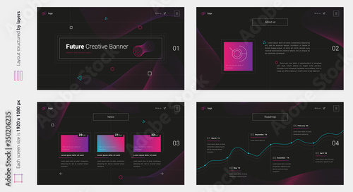 Digital abstract minimal black web design four screen template. Stylish custom and individual set of four website screens. Creative geometric design