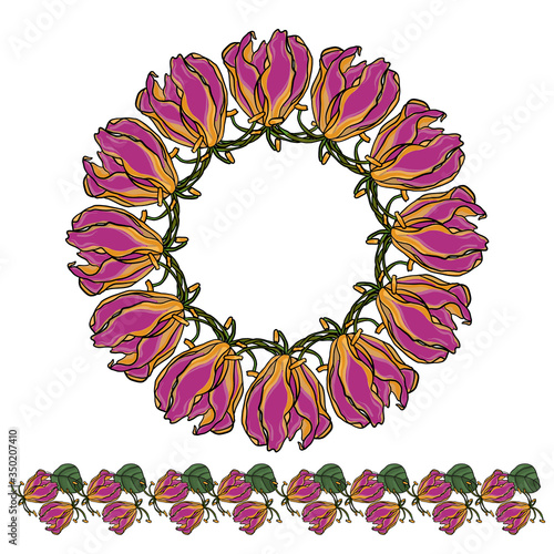 Round tight wreath of flowers with leaves. For festive decoration of cards, invitations. Vector floral ornament.