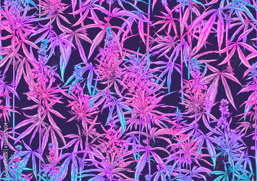 Hemp, Cannabis pattern, background. Vector illustration in botanical style in neon fluorescent colors