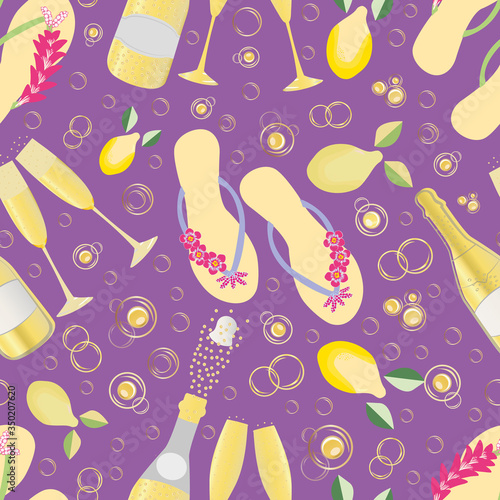 Champagne bubbles and flip flop shoe vector seamless pattern background. Hand drawn bottles, sparkling wine, sandals, lemons on purple backdrop. All over print for beach hen party, celebration concept