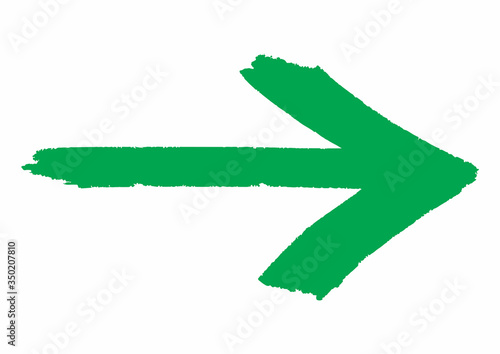 Green grungy arrow direction sign painted with hand brush over white transparent background. Vector illustration.
