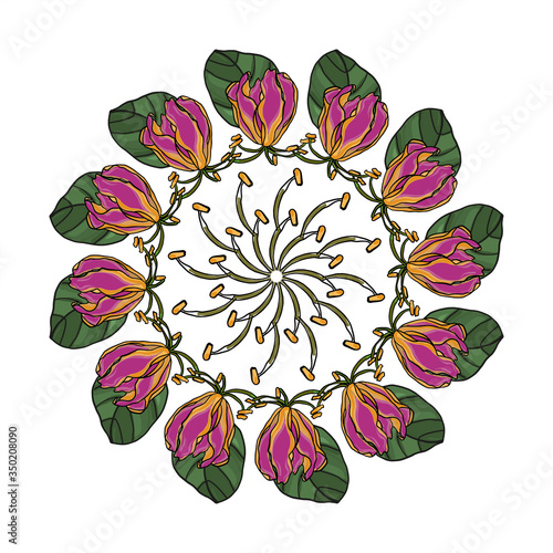 Round tight wreath of flowers with leaves. For festive decoration of cards, invitations. Vector floral ornament.